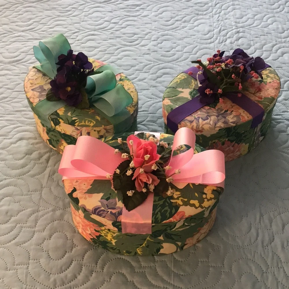 Set of 3 Fabric Floral Decorative Boxes w/ Ribbons Faux Flowers + 2 Heart Boxes - Picture 3 of 14